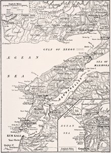 Carte détaillée de la péninsule de Gallipoli et des Dardanelles, Turquie, 1915, de 